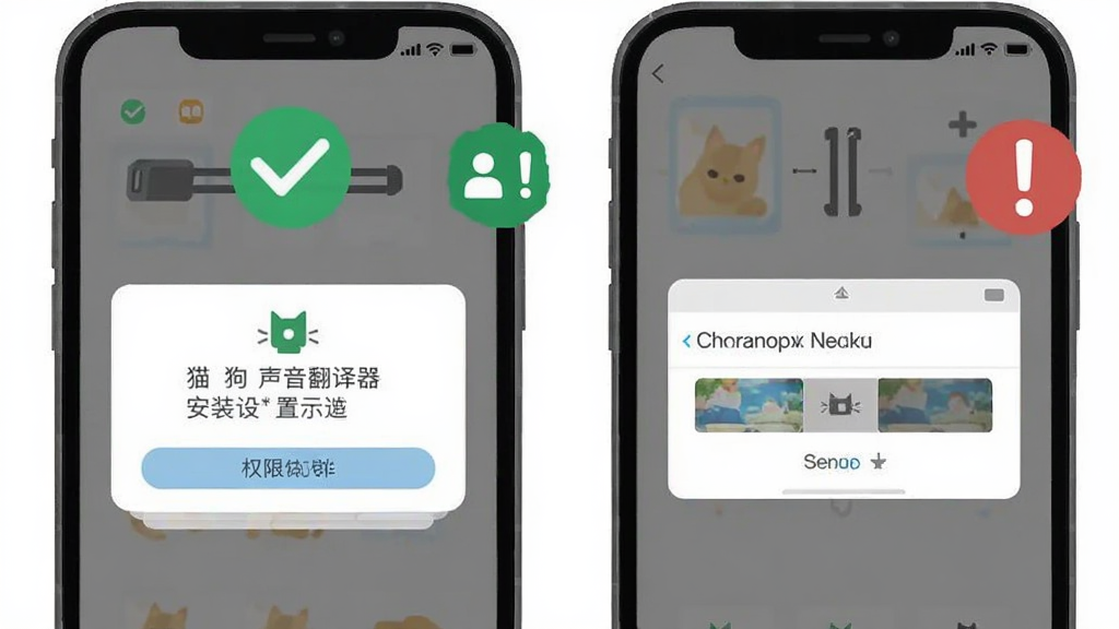 猫狗声音翻译器安装设置示意图,画面展示手机屏幕上的权限授权弹窗和存储路径选择界面,旁边配有对勾和感叹号图标提示,扁平化信息图风格,配色清新,布局清晰,画质干净