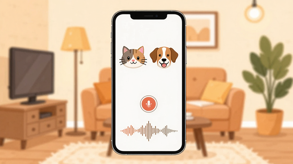 一张展示猫狗声音翻译器软件界面的手机预览图,画面中央是一部竖屏手机,屏幕上显示着卡通风格的猫咪和狗狗头像,下方有录音按钮和声波波形图案,背景是温馨的居家客厅环境,浅暖色调,扁平化插画风格,细节清晰,画质干净明亮,无多余元素