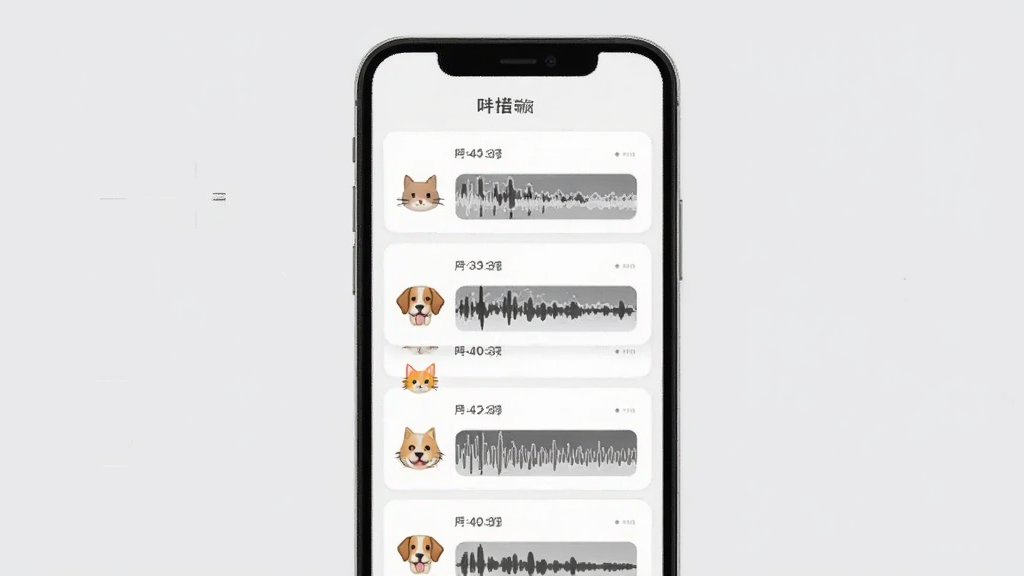 猫狗声音翻译器记录页面示意图,手机屏幕显示一条条带时间戳的叫声记录卡片,每张卡片配有猫咪或狗狗的小图标和波形缩略图,背景为浅灰色极简风格,排版整齐,画质干净清晰