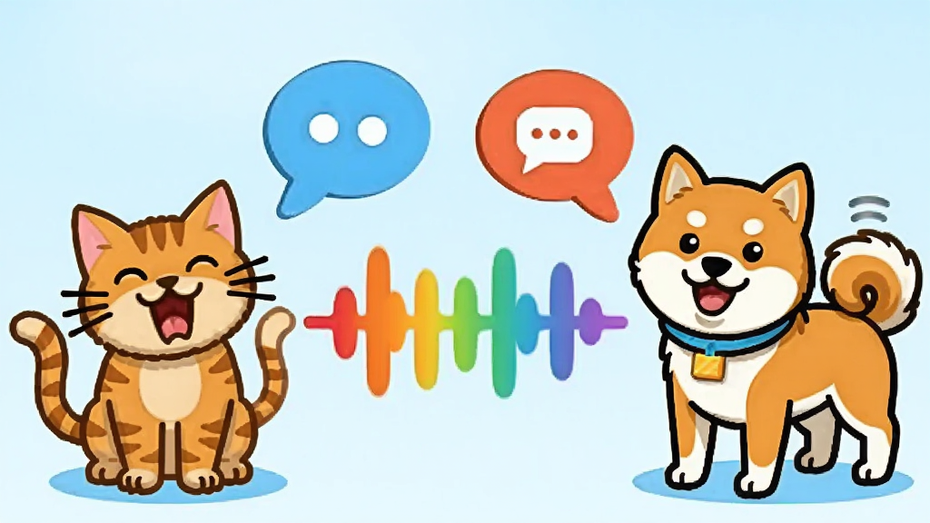 猫狗声音翻译器功能展示图,画面左侧是一只正在叫的橘猫,右侧是一只摇尾巴的柴犬,中间由一条彩色声波连接,声波上方漂浮着对话气泡图标,整体采用活泼的卡通矢量风格,背景为淡蓝色渐变,布局左右对称,画质清晰干净