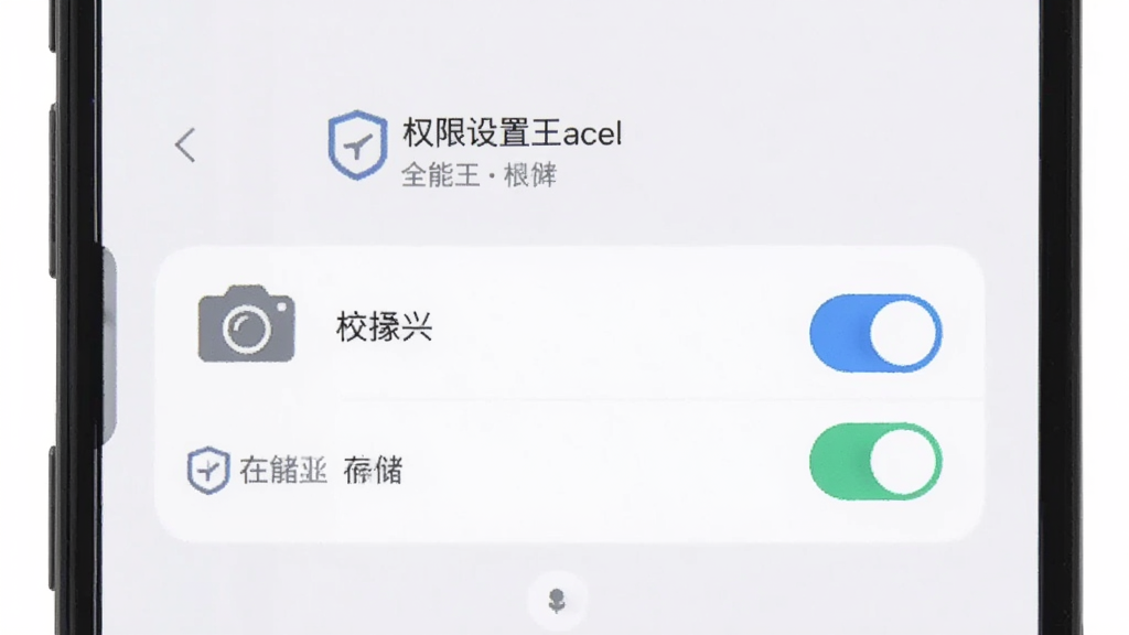 手机屏幕显示条码全能王的权限设置界面,界面中有摄像头与存储权限开关,旁边配有一个盾牌安全图标,背景为浅色简约风格,画面干净清晰,画质明亮