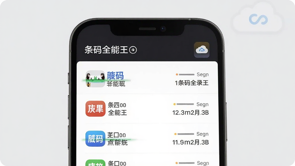 手机屏幕展示条码扫描历史记录列表界面,界面中有「条码全能王」标题与多条分类清晰的记录条目,旁边配有一个云朵同步图标,背景为浅灰色简约风格,画面干净整洁,画质细腻