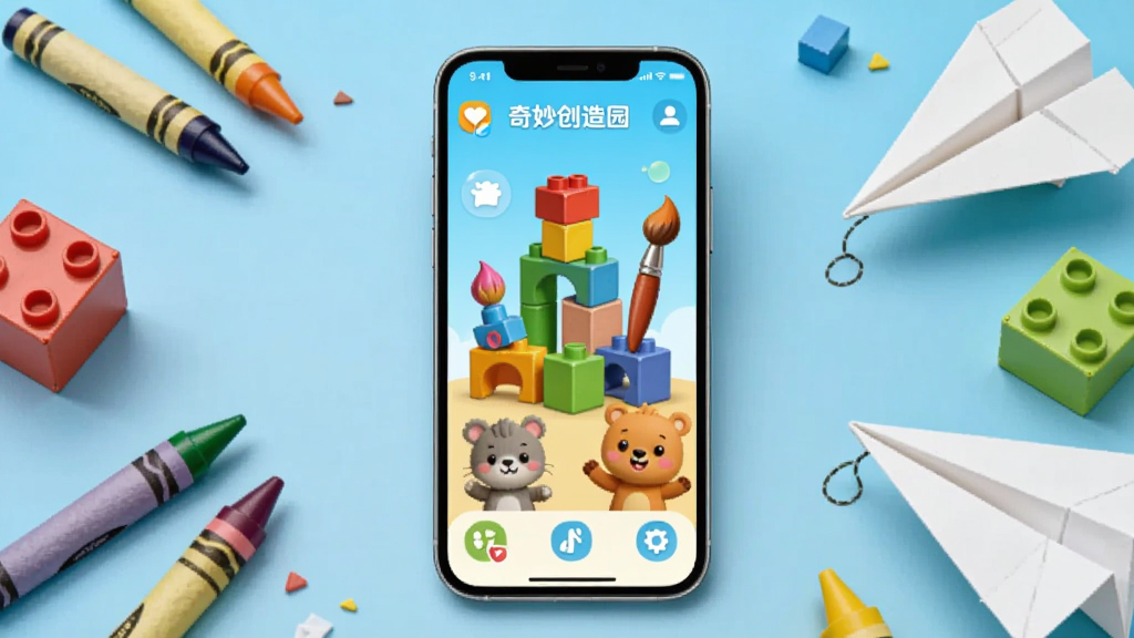 画面中央是一台竖屏手机,手机屏幕上显示奇妙创造园的应用界面,界面中有色彩缤纷的积木、画笔和卡通动物角色,手机周围散落着彩色蜡笔、积木块和纸飞机,背景为浅蓝色渐变,整体风格清新童趣,细节丰富,画质清晰干净,无多余元素