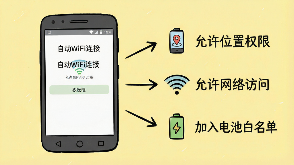 一张手绘风格的信息图,画面以浅黄色为背景,左侧画着一部安卓手机,手机屏幕显示“自动WiFi连接”的权限设置界面,右侧用箭头标注“允许位置权限”“允许网络访问”“加入电池白名单”三个关键操作步骤,配以简洁的图标和文字说明,风格亲切易懂,画质清晰干净,无多余元素