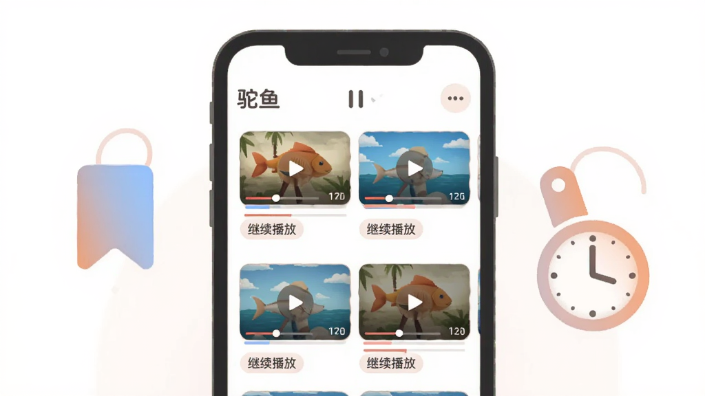 画面主体为手机屏幕显示“驼鱼”播放列表界面,列表中排列多个视频缩略图卡片,每张卡片带有播放进度条与“继续播放”标签,手机旁有一个书签图标与时钟图标组合,布局为手机居中、图标点缀两侧,风格为柔和圆角扁平插画,细节包括缩略图、进度条、书签标记等,画质清晰干净,无多余装饰