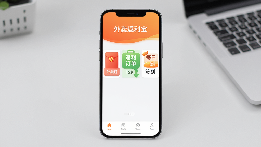 手机屏幕中央展示“外卖返利宝”应用主界面,顶部为橙色渐变横幅,中间排列外卖红包、返利订单、每日签到三个功能卡片,底部为导航栏,背景为浅灰色桌面环境,整体风格清爽简洁,扁平化设计,画质清晰干净,无多余元素