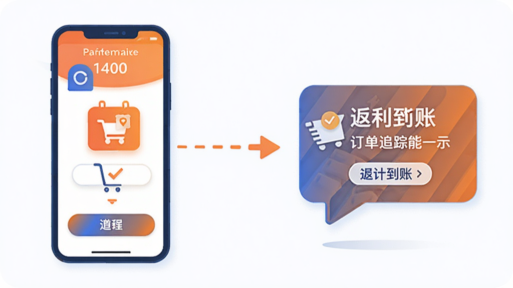 “外卖返利宝”订单追踪功能示意图,画面左侧为外卖下单流程图标,右侧为返利到账提示气泡,中间用虚线箭头连接,整体采用蓝橙撞色搭配,扁平插画风格,画质细腻,背景干净