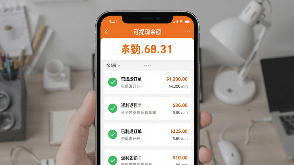 “外卖返利宝”应用内返利订单列表页面,顶部显示可提现余额数字,下方为绿色对勾标记的已完成订单,每笔订单右侧标注返利金额,界面配色以白底橙字为主,风格干净利落,画质清晰,无杂乱装饰