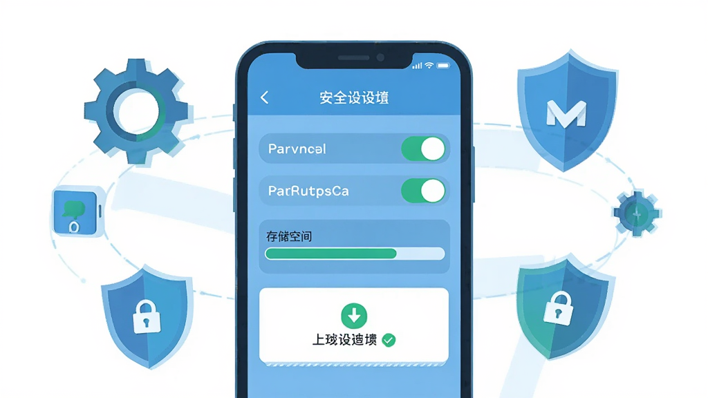 手机游戏安装设置界面示意图,画面主体是一部智能手机屏幕显示应用权限设置页面,布局为手机居中、周围环绕齿轮与盾牌图标象征安全与设置,风格为扁平化科技插画,细节包含屏幕上的权限开关、存储空间进度条与下载完成提示,画质高清,画面干净,无多余元素