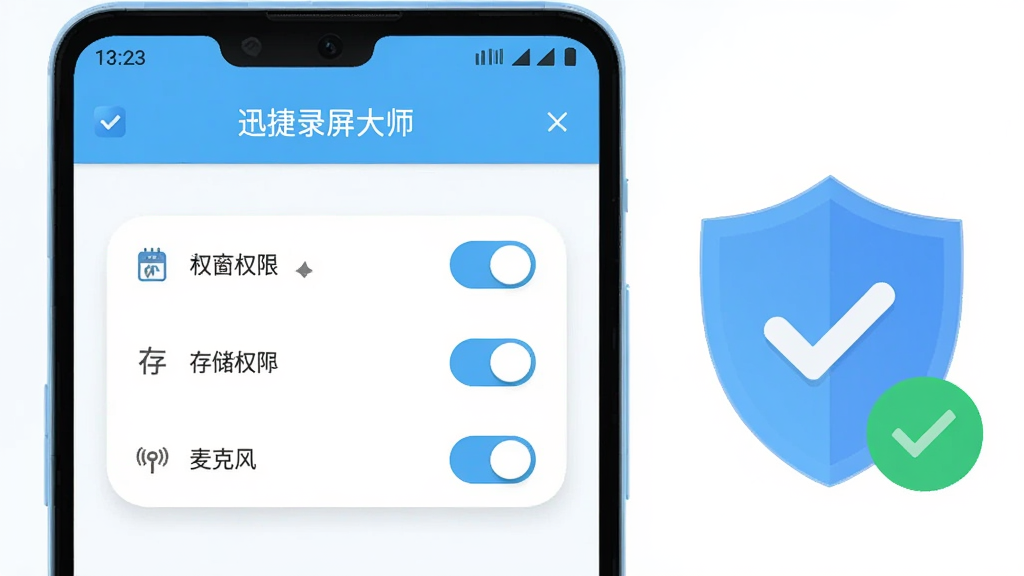 一部安卓手机屏幕显示“迅捷录屏大师”的权限设置引导页面,页面上有悬浮窗权限、存储权限与麦克风权限三个开关选项,手机旁边配有盾牌图标与勾选标记,整体布局清晰,风格为扁平化设计,色调以浅蓝与白色为主,细节干净,无多余元素