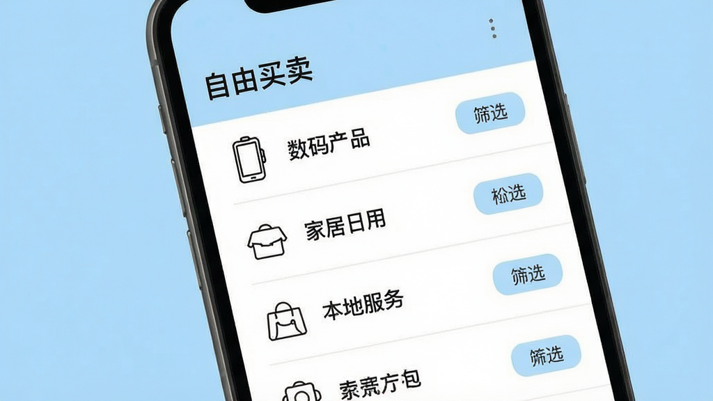 应用分类页面展示图,画面为手机屏幕特写,屏幕内显示“自由买卖”分类列表,包含数码产品、家居日用、本地服务等条目,每条目配有简约线性图标,右侧有筛选按钮,背景为白色与浅蓝色搭配,风格清爽规整,画质清晰,无杂乱元素