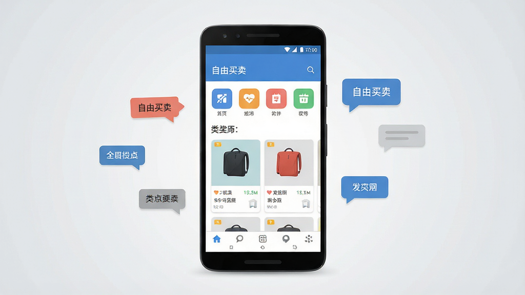 手机应用界面展示图,画面中央放置一部竖屏安卓手机,屏幕内呈现“自由买卖”应用首页,包含分类图标、商品卡片与底部导航栏,手机两侧漂浮少量商品标签与对话气泡元素,背景为浅灰渐变纯色,风格简洁现代扁平化,细节清晰,画质干净,无多余装饰元素