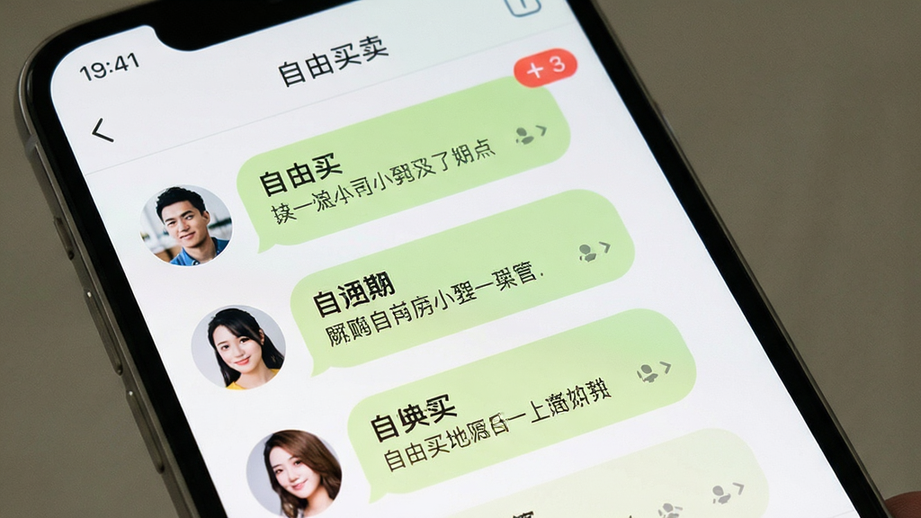 手机消息聊天界面展示图,屏幕内呈现“自由买卖”应用的消息列表,包含多个会话头像与最后一条消息摘要,顶部有未读角标提示,界面采用浅色背景与圆角气泡设计,风格亲切自然,画质干净,无多余装饰