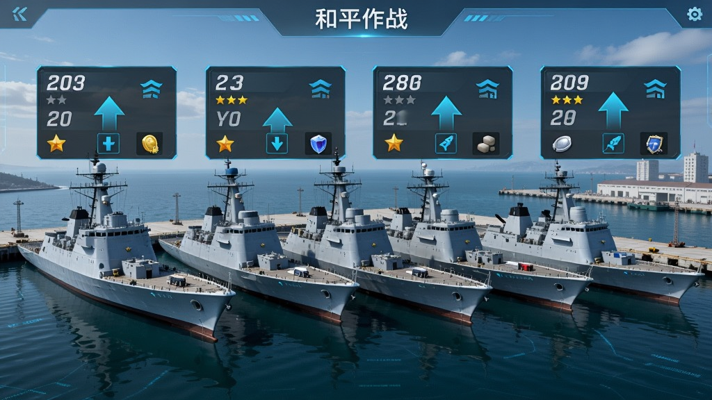 画面主体为多艘不同型号军舰整齐排列于港口码头,舰船上方悬浮着属性面板与升级箭头图标,布局为横向排列展示舰种差异,风格为科技感军事策略界面风,细节包含舰船编号、星级标记与资源图标,画质清晰、干净整洁、无多余元素,画面中带有