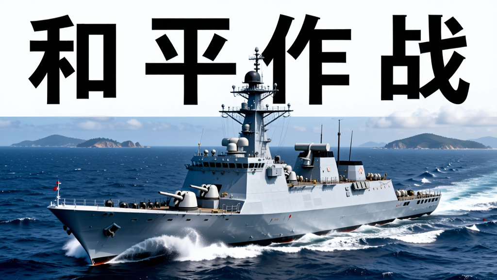 画面主体为一艘现代化军舰在蔚蓝海面上破浪前行,舰身细节清晰可见,背景为广阔海洋与远处岛屿轮廓,画面布局采用居中构图突出军舰主体,上方留白处排版