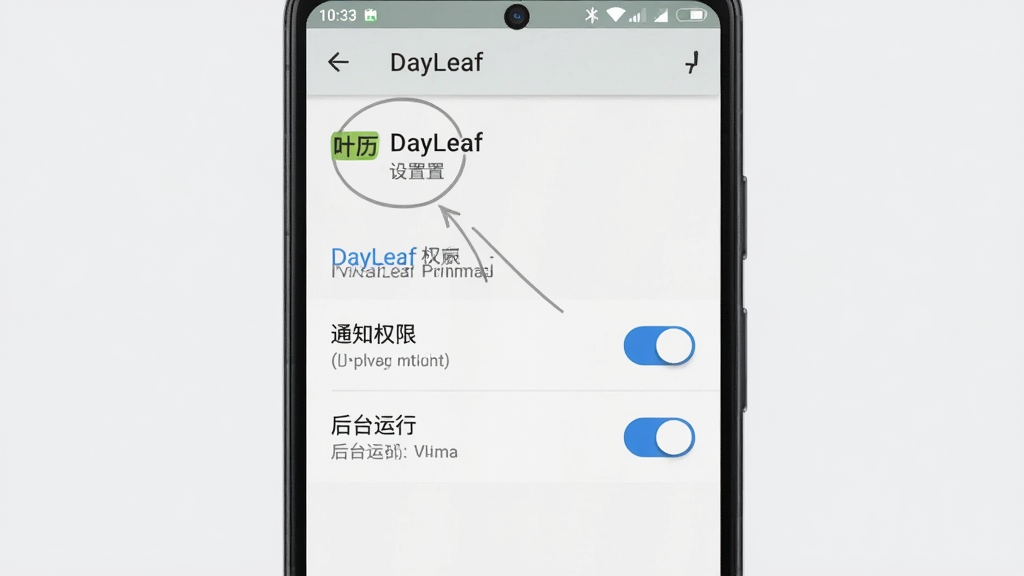 一张手机操作示意图,主体为安卓手机屏幕显示叶历 DayLeaf 权限设置页面,画面中突出“通知权限”与“后台运行”两个开关选项;布局为手机居中、界面元素清晰;风格简洁实用、浅灰背景;细节包含开关按钮、文字标注;画质清晰干净,无多余元素