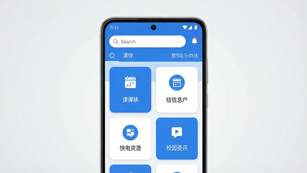 一张展示清伴应用主界面的手机样机图,画面中央是一部竖屏安卓手机,屏幕内呈现清爽的卡片式首页布局,顶部为搜索框与通知栏,中部排列课表、信息门户、校园资讯等功能入口图标,配色以蓝白为主,背景为简洁的浅灰渐变,整体风格现代干净,画质清晰,无多余元素