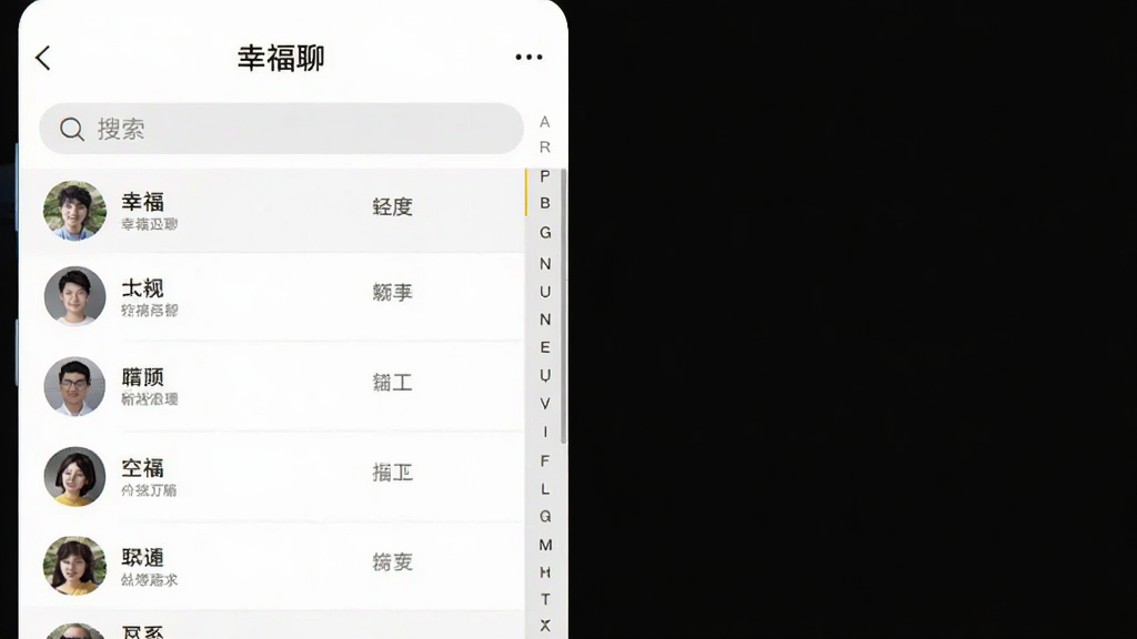 手机界面展示“幸福聊”联系人管理页面,屏幕中排列整齐的头像列表与备注名称,顶部有搜索框,右侧有字母索引条,背景为白色与浅灰色搭配,界面风格清爽简约,构图规整,画质细腻,无多余元素