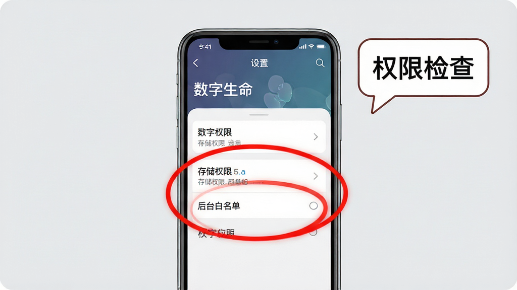 画面展示一部手机屏幕出现“数字生命”应用设置界面,界面中存储权限与后台白名单选项被高亮圈出,手机旁边放着一个提示气泡写着“权限检查”,布局上手机居中、气泡位于右上角,风格为简洁教程插图,细节上界面元素清晰、高亮圈为红色、背景为浅灰,画质高清干净,无多余元素