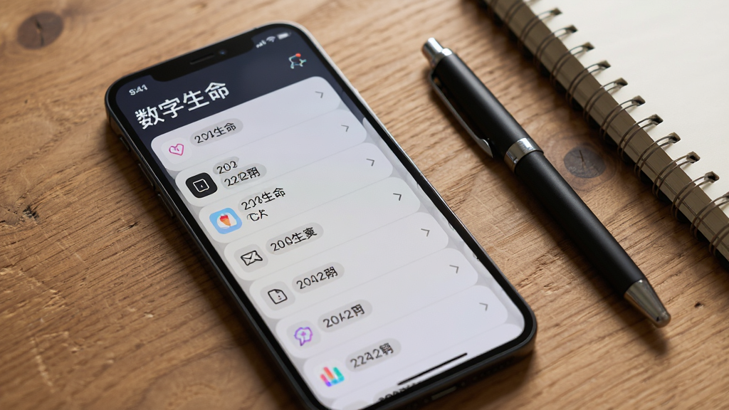 画面展示手机屏幕内的时间轴归档列表,列表项带有小图标与日期标签,屏幕上方有“数字生命”标题,手机斜放在木质桌面上,旁边有一支笔和笔记本,布局上手机居左、桌面物品居右,风格为生活化科技场景,细节上屏幕内容清晰、桌面纹理自然、光线柔和,画质高清,无多余元素