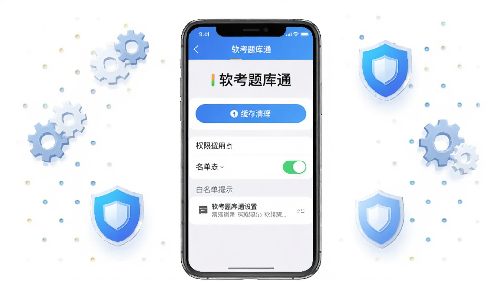 主体为手机屏幕展示软考题库通设置页面,布局为居中手机加周围悬浮的齿轮与盾牌图标;排版清晰,风格为科技感工具类视觉;细节包括“软考题库通”字样、缓存清理按钮、权限开关、白名单提示;画质高清、干净、无多余元素