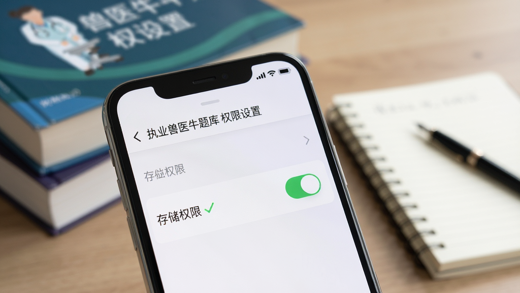 画面为一部手机特写,手机屏幕显示应用权限设置页面,存储权限开关处于开启状态,旁边有一个绿色对勾标记;手机后方虚化显示兽医书籍和笔记本;整体布局以手机为主体,风格写实,光线柔和,细节清晰,画质干净,画面中文字为“执业兽医牛题库 权限设置”,无多余元素