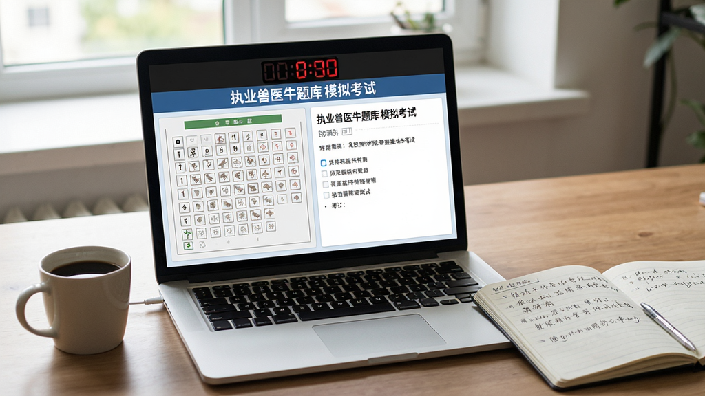 画面主体是一台打开的笔记本电脑,屏幕上显示模拟考试界面,左侧是答题卡网格,右侧是题目和选项,屏幕上方有倒计时显示;电脑旁边放着一杯咖啡和一本翻开的笔记本,笔记本上有手写笔记;整体为书桌场景,布局整洁,风格写实,光线自然,细节丰富,画质清晰干净,屏幕中文字为“执业兽医牛题库 模拟考试”,无多余元素
