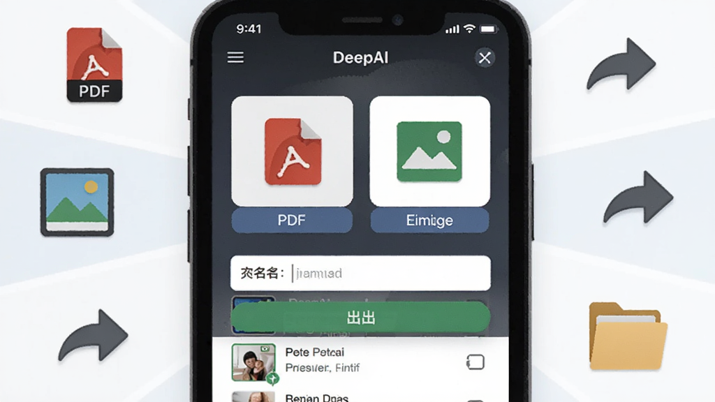 主体为DeepAI扫描仪导出界面,手机屏幕显示PDF与图片格式选项及文件命名输入框;布局为手机居中,四周环绕PDF图标、图片图标、分享箭头与文件夹;排版呈放射状环绕构图;风格为轻拟物扁平风,浅色背景;细节包含格式标签、导出按钮、文件列表缩略图;画质清晰,干净整洁,无多余元素