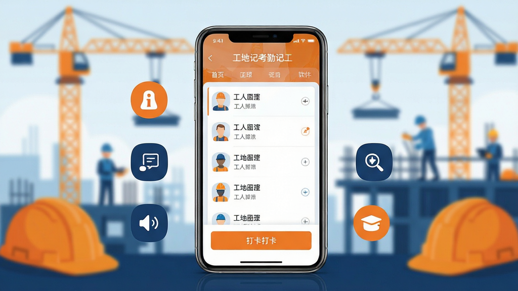 画面主体为一部智能手机,屏幕中显示工地记考勤记工软件的主界面,包含工人列表与打卡按钮;布局为手机居中放置于画面中央,背景为虚化的建筑工地场景,有塔吊与安全帽元素;排版上软件界面占据视觉焦点,周围环绕简洁的信息图标;风格为现代扁平化科技风,色彩以橙色与深蓝色为主;细节上手机屏幕有轻微反光,界面文字清晰可辨,背景工地元素柔和虚化;画质清晰,干净,无多余元素
