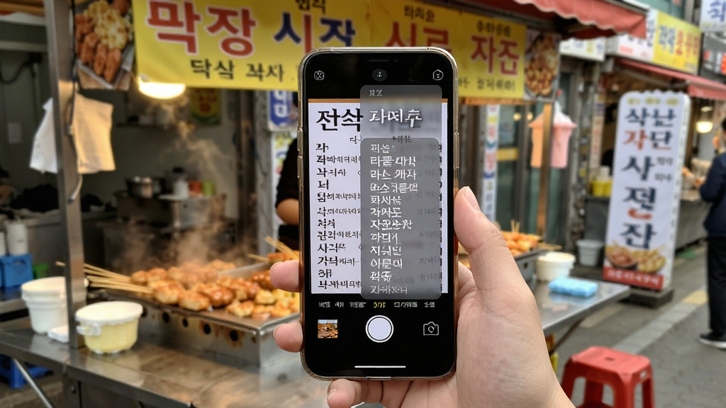 韩语翻译官拍照翻译功能使用场景图,一只手举着手机对准韩文菜单拍照,手机屏幕中韩文菜单上方浮现半透明中文翻译浮层,背景是韩国街头小吃摊,布局以手机屏幕为视觉中心,风格生活化真实感,细节上屏幕有清晰文字浮层,画质高清,干净,无多余元素