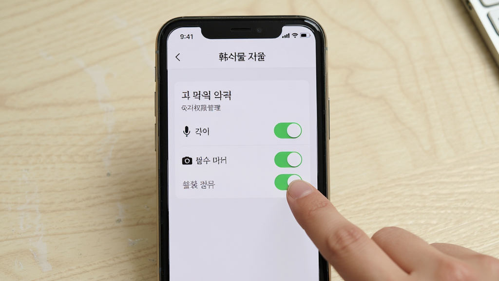 韩语翻译官安装设置示意图,手机屏幕显示应用权限管理页面,麦克风与相机权限开关清晰可见,旁边有一只手正在点击权限开关,背景为简洁的浅色桌面,布局以手机屏幕为焦点,风格写实清晰,细节上权限列表文字清楚,画质高清,干净,无多余元素