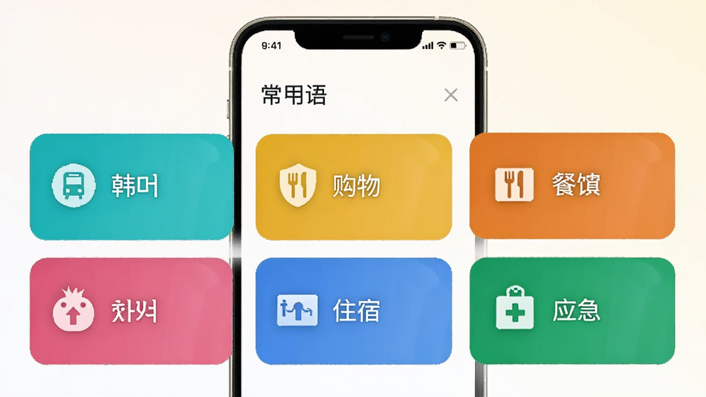 韩语翻译官常用语分类页面截图风格示意图,手机屏幕显示出行、购物、餐饮、住宿、应急五个彩色分类卡片,每个卡片配有对应小图标,界面排版整齐,背景为浅色渐变,风格清爽扁平化,画质清晰,干净,无多余元素