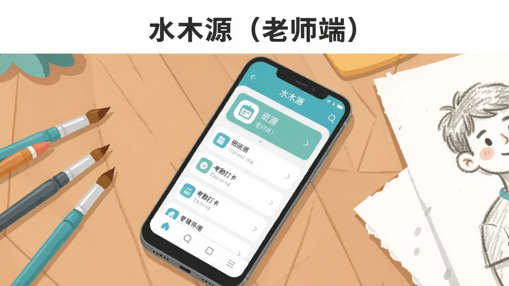 画面主体为一部安卓手机,屏幕显示水木源(老师端)应用界面,包含班级列表与考勤打卡模块,手机斜放在木质桌面上,旁边散落画笔与素描纸,整体布局为居中构图,上方留白放置软件名称文字“水木源(老师端)”,风格为清新教育类扁平插画,细节包括柔和的蓝绿色调、圆角图标、清晰的信息层级,画质干净清晰,无多余装饰元素