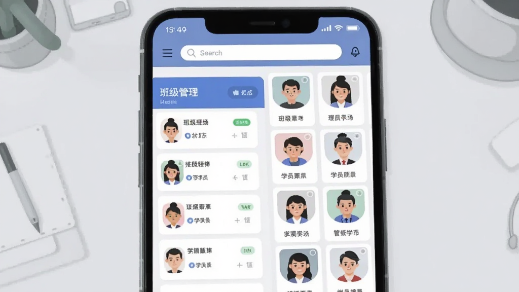 画面主体为手机屏幕展示班级管理界面,左侧为班级列表,右侧为学员头像网格,背景为浅灰色工作台,布局为左右分栏展示,风格为简约商务插画,细节包括整齐排列的学员卡片、状态标签与搜索框,画质干净清晰,无多余元素