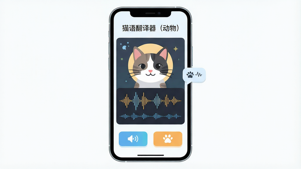 主体为一部智能手机居中放置,屏幕显示猫咪头像与声波分析界面,布局采用上下分层结构,上方是应用标题区域下方是功能按钮区,排版简洁对称,风格为清新明亮的扁平化插画,细节包含猫咪剪影、声波曲线、翻译气泡等元素,画面中文字为“猫语翻译器(动物)”,画质清晰干净无多余元素