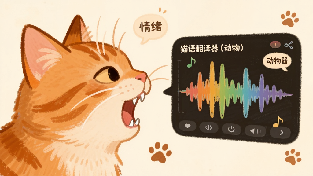 画面主体为一只橘猫张嘴叫唤的侧面特写,布局上左侧为猫咪右侧为悬浮的声波分析面板,排版呈左右呼应结构,风格为温暖治愈的手绘插画,细节包含彩色声波线条、情绪标签气泡、小猫爪印点缀,画面中文字为“猫语翻译器(动物)”,画质柔和干净无多余元素