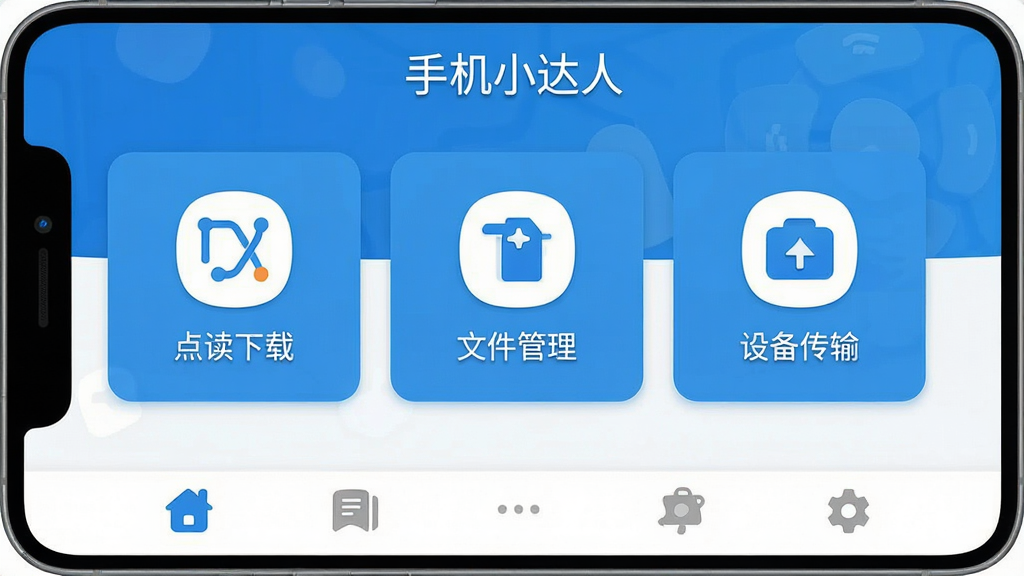 一张展示手机小达人软件主界面的手机屏幕截图,画面中央是手机小达人应用界面,顶部显示软件名称“手机小达人”,中间排列着点读包下载、文件管理、设备传输三个功能卡片,底部是导航栏,整体布局简洁清晰,风格为扁平化科技蓝配色,细节上图标圆润、文字清晰,画质干净高清,无多余元素