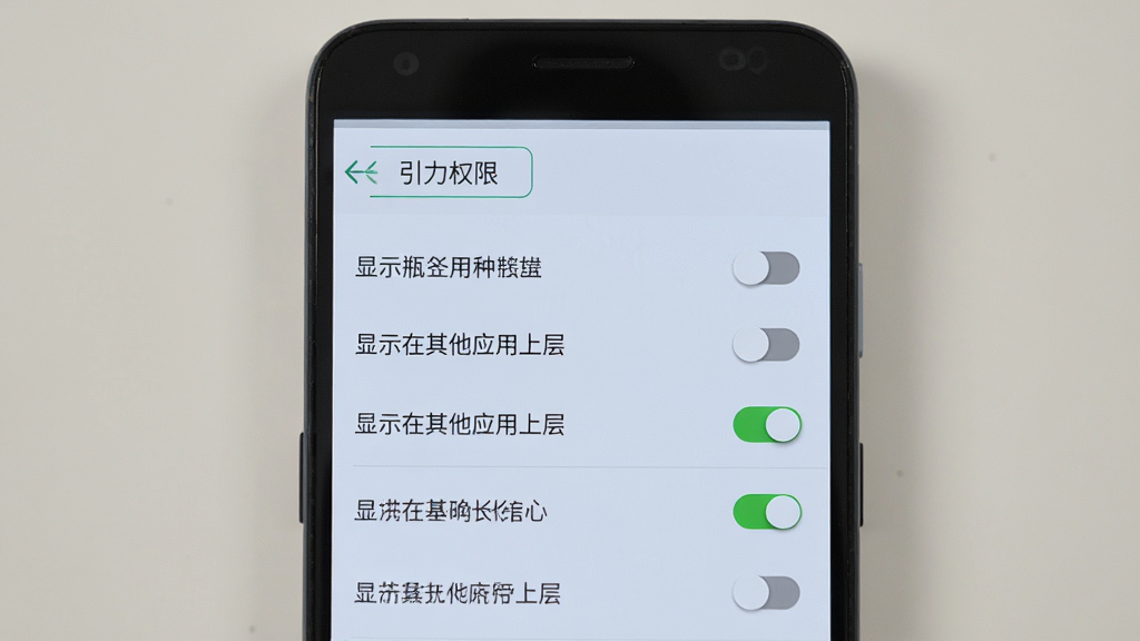 一部安卓手机屏幕显示引力瓶权限设置页面,页面中列出多项权限开关,其中“显示在其他应用上层”开关为开启状态并带有绿色对勾,背景为浅色界面,手机正面居中,风格清晰实用,画质干净