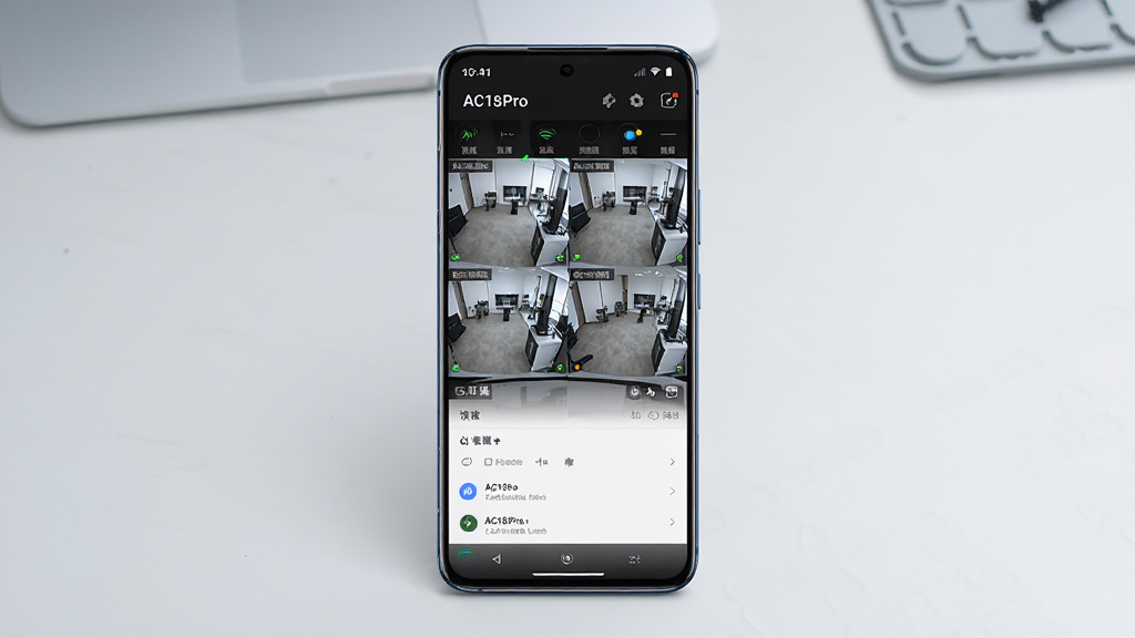 画面主体是一部竖屏安卓手机,屏幕中显示“AC18Pro”视频监控应用的实时预览界面,包含四宫格监控画面与设备列表;布局为手机居中、背景为浅灰渐变的工作台桌面;排版突出手机屏幕内容,四周留有干净留白;风格为清爽科技感写实风;细节包括手机边框反光、屏幕内画面清晰、图标圆润、有微弱的连接状态提示;画质高清、干净、无多余元素