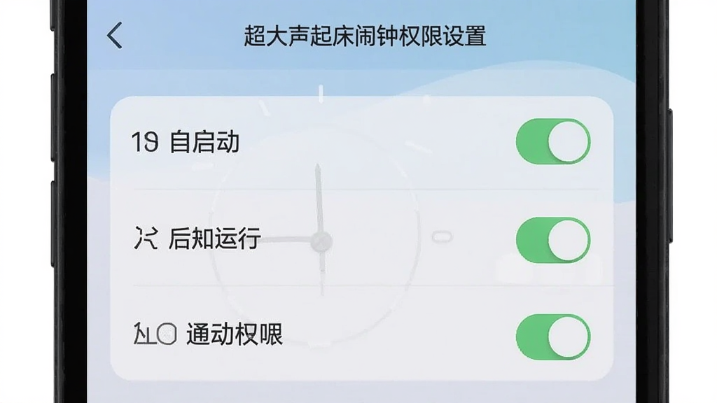 一张展示超大声起床闹钟权限设置引导页面的手机截图,画面中包含自启动、后台运行、通知权限等开关选项,界面风格简洁,配色柔和,画质清晰,布局规整