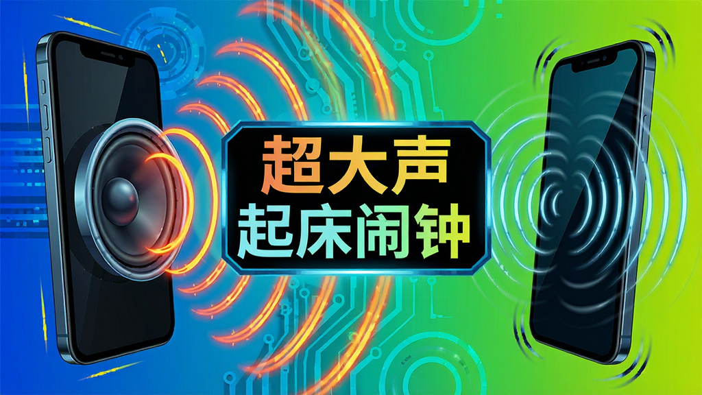 一张表现超大声起床闹钟音量与震动效果的示意图,画面左侧是手机扬声器发出巨大声波的视觉化线条,右侧是手机震动波纹,中间显示“超大声起床闹钟”文字标识,风格科技感,色彩对比强烈,画质清晰,布局简洁