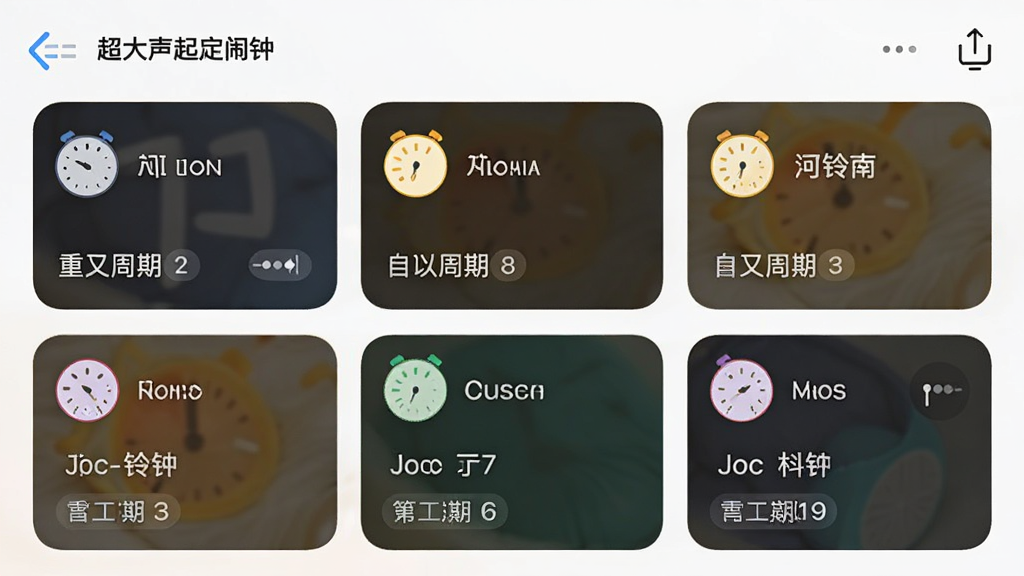 一张展示超大声起床闹钟自定义铃声与分组管理界面的手机截图,画面中显示多个闹钟分组卡片,每个卡片上有不同的铃声名称和重复周期标签,界面风格清新简洁,布局清晰,画质干净