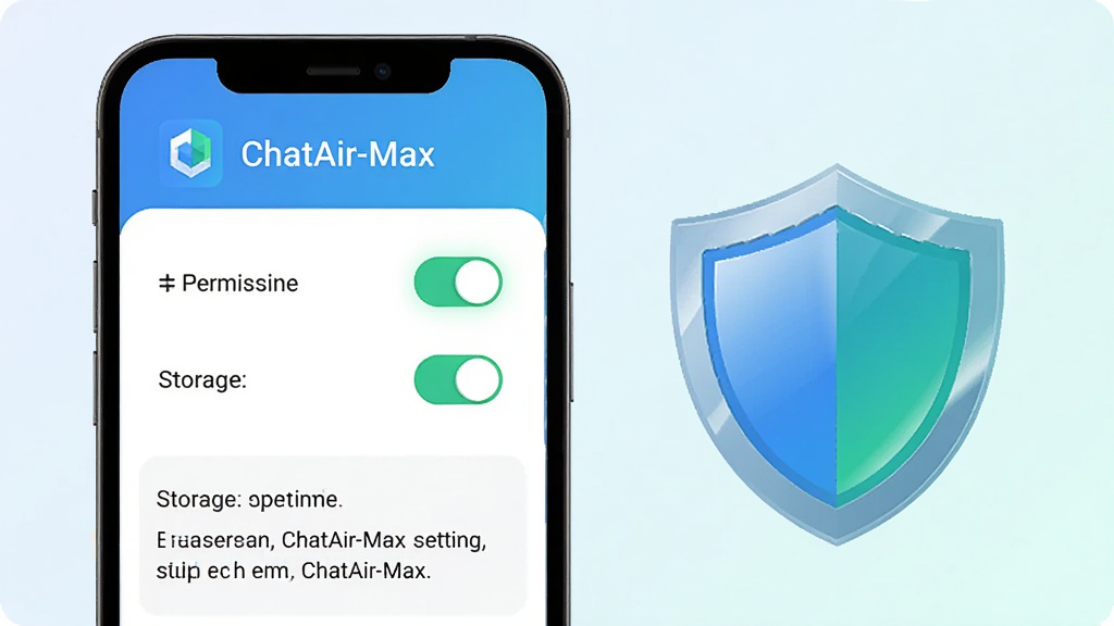 主体为一部手机屏幕展示ChatAir-Max设置页面,页面中包含权限开关与存储选项,屏幕旁放置一个盾牌图标;布局为手机居中偏左,盾牌位于右侧;排版上方为软件名称,下方为说明文字区域;风格为清爽扁平科技风,蓝绿配色;细节包括开关按钮高亮、盾牌有光泽质感、背景为浅色渐变;画质高清,画面干净,无多余元素
