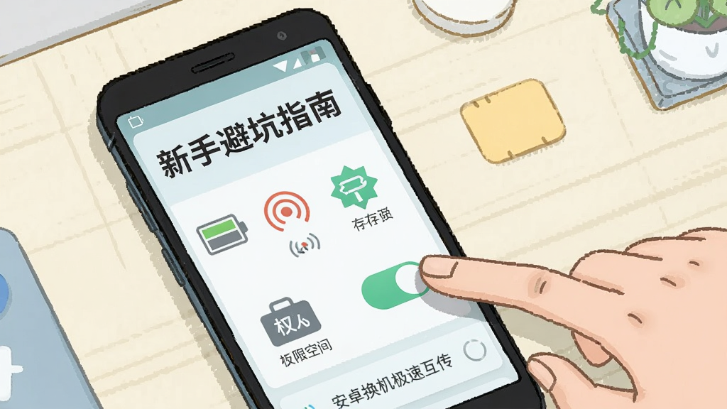 一部安卓手机屏幕显示“新手避坑指南”文字标题,下方排列电量图标、热点图标、存储空间图标和权限开关图形,画面右侧有一只手正在点击设置选项,背景为浅色桌面环境,风格为生活化场景插画,细节上手机界面带有“安卓换机极速互传”小字标识,画质清晰干净,构图自然,无多余装饰