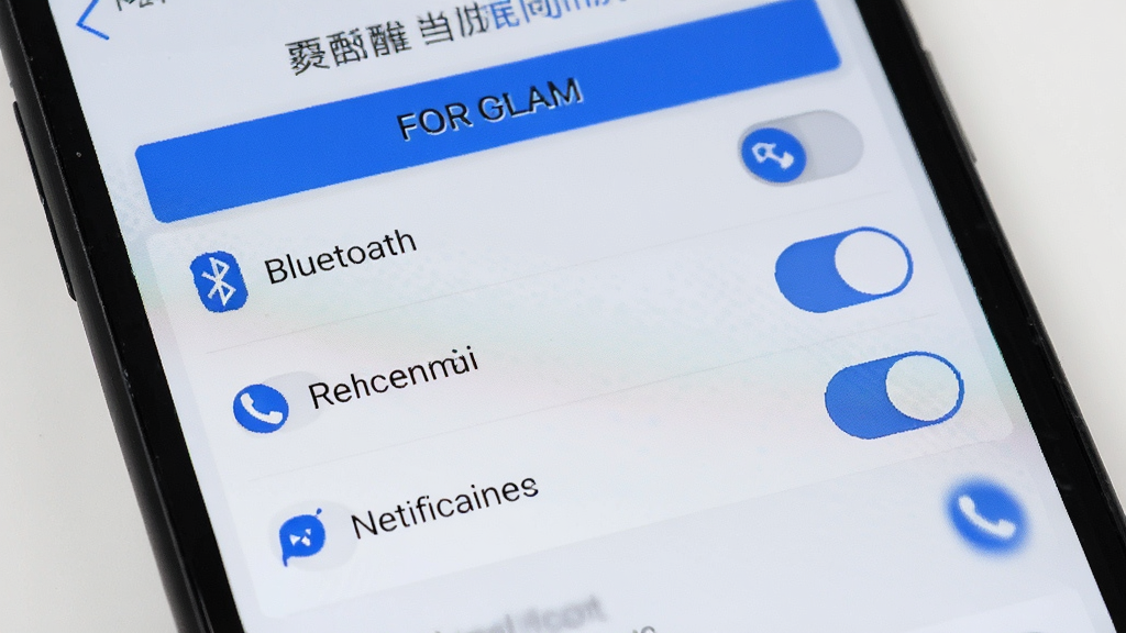 手机屏幕展示FOR GLAM权限设置引导页面,页面内以列表形式列出蓝牙、定位、通知三项权限及对应开关状态,界面配色为浅色底搭配蓝色高亮按钮,画面干净整洁,风格实用,细节清晰,画质干净,无多余元素