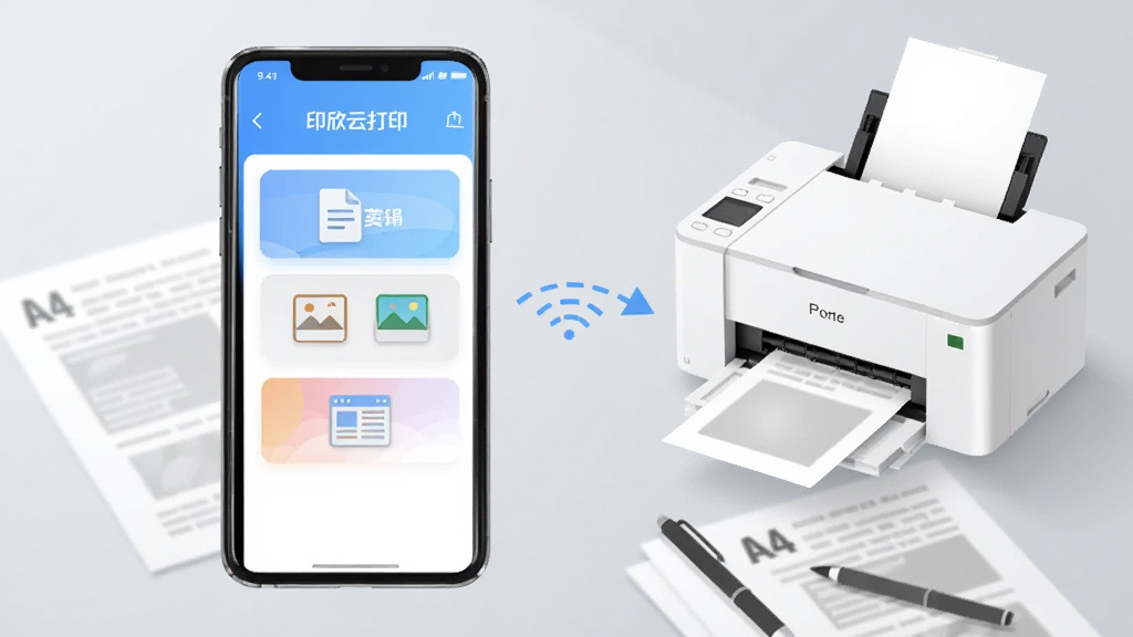 画面主体是一部竖屏智能手机,屏幕中央显示「印欣云打印」应用主界面,界面内包含文档、照片、网页打印三个入口卡片,手机右侧悬浮一台白色家用喷墨打印机,两者之间用淡蓝色虚线箭头连接表示无线传输,背景为浅灰渐变的工作台桌面,桌面摆放几份打印好的A4纸和一支笔,整体采用清爽扁平化插画风格,细节上突出手机屏幕的高亮与打印机出纸口的纸张,画质清晰干净,无多余装饰元素