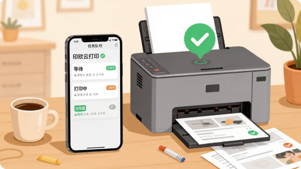 画面主体是一部手机与一台打印机并排放置在桌面上,手机屏幕显示「印欣云打印」任务队列界面,队列中有三条任务分别标注等待、打印中、已完成状态,打印机上方有一个绿色对勾气泡表示连接正常,桌面旁边放着一杯咖啡和几张打印好的纸张,背景为浅色居家办公环境,采用温暖扁平插画风格,细节突出任务状态标签与连接标识,画质清晰干净,无多余元素