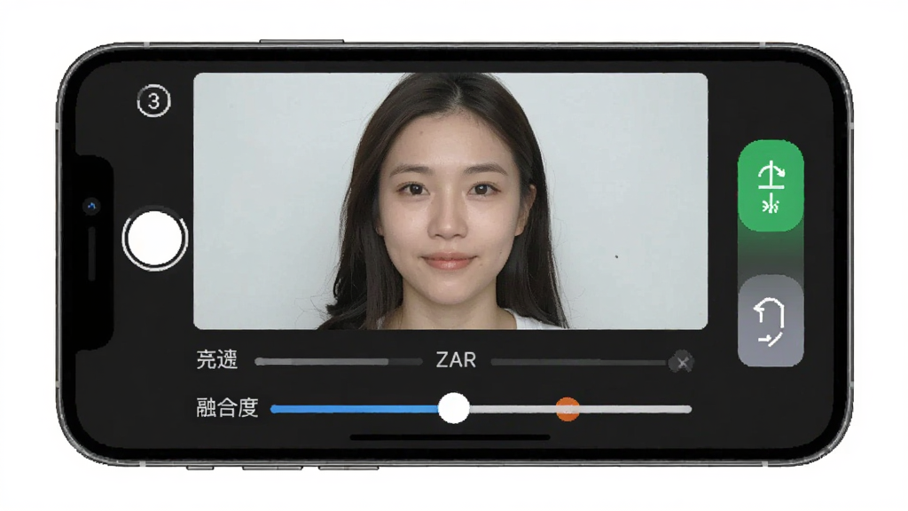一张真颜AI换颜计划编辑界面示意图,手机屏幕中显示人物换颜预览画面,下方有亮度、融合度等调节滑块,右侧有确认与返回按钮,界面布局清晰,风格为简洁工具类UI,细节表现调节过程,画质清晰,干净无多余元素