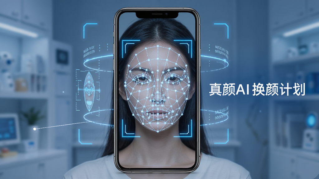 一张展示真颜AI换颜计划智能识别功能的示意图,画面中一部手机正在扫描人物面部,屏幕上出现面部关键点网格线与识别框,旁边显示“真颜AI换颜计划”字样,布局为手机居中、识别线条环绕,风格为科技蓝与白色搭配,细节表现识别精准感,画质清晰,干净无多余元素