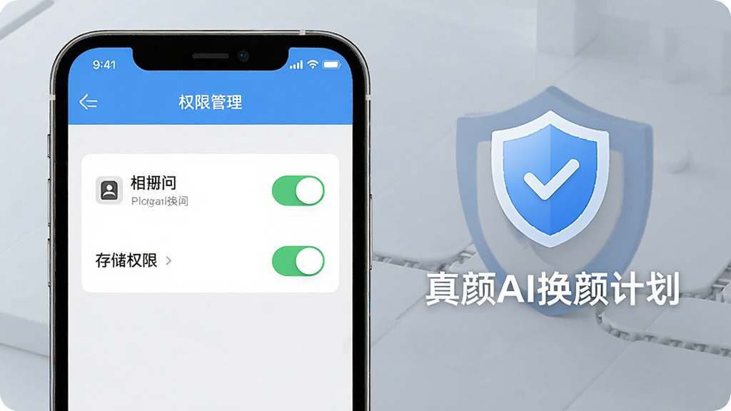 一张真颜AI换颜计划隐私保护功能示意图,画面为手机屏幕显示权限管理界面,包含相册访问、存储权限开关,旁边有盾牌图标与“真颜AI换颜计划”字样,布局为左右分栏,风格为安全主题浅色设计,细节清晰,画质高清,干净无多余元素
